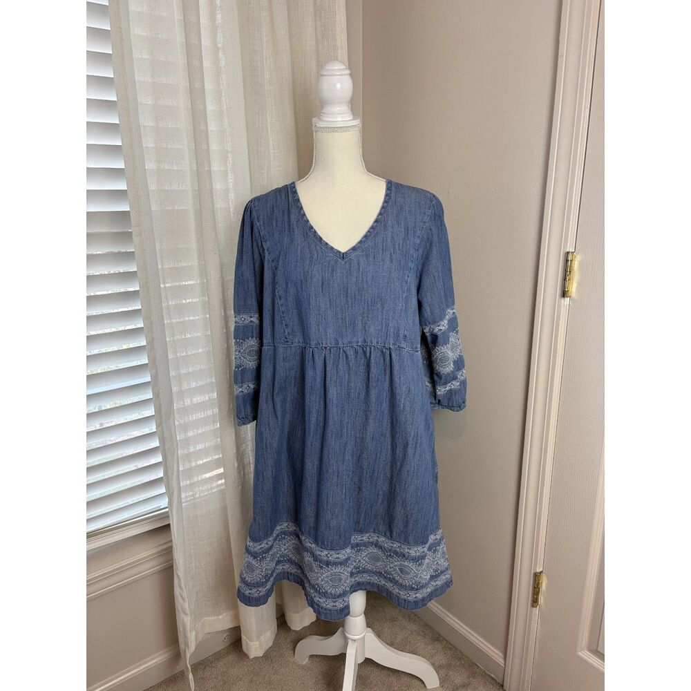 J Jill Denim Blue Jean Dress Embroidered  Summer Knee Length Dress Size Large L - Picture 4 of 8